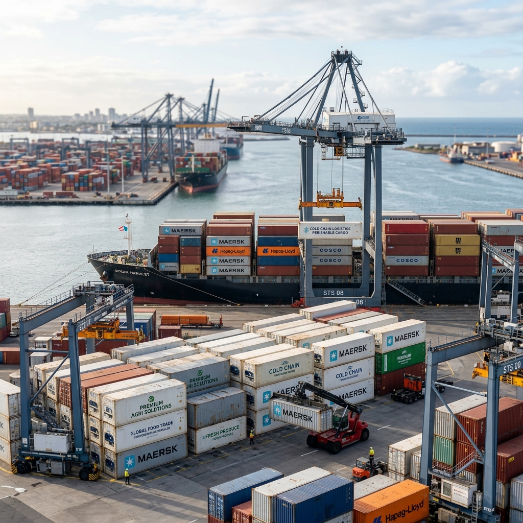 Global food trade logistics with shipping containers and cargo